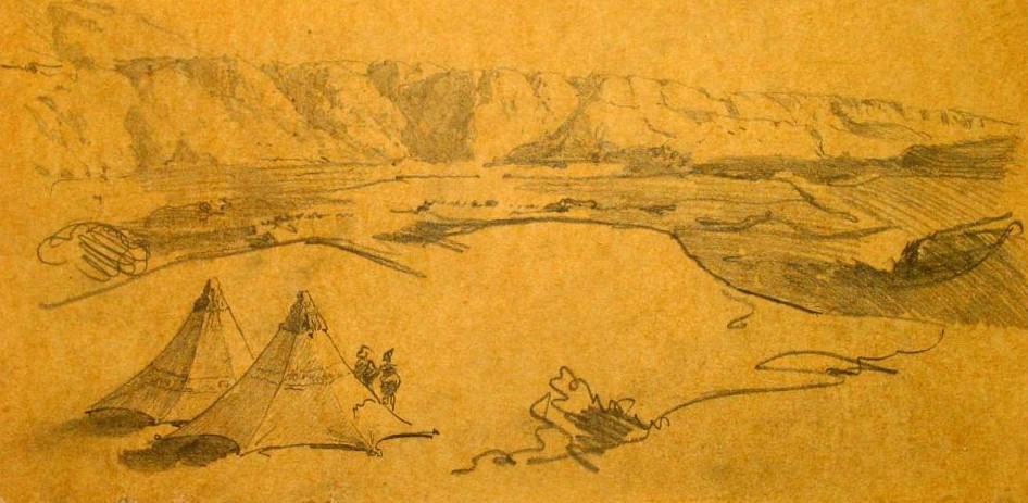 Zeichnung auf gelbem Papier von einer kargen Landschaft, im Vordergrund Zelte mit zwei Personen, im Hintergrund ragt ein Felsplateau auf.