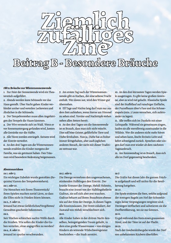 Seite mit Hintergrund in eisigem Blau. Titel "Ziemlich zufälliges Zine: Beitrag B - Besondere Bräuche". Darunter in kleiner Schrift zwei Tabellen: "1W12 Bräuche zur Wintersonnenwende" und "Abenteuerideen"