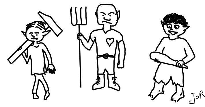 Drei Goblins stehen nebeneinander - ein kleiner, schmächtiger mit einem riesigen Hammer, ein muskulöser mit einer Mistgabel, und ein rundlicher mit einer Keule.