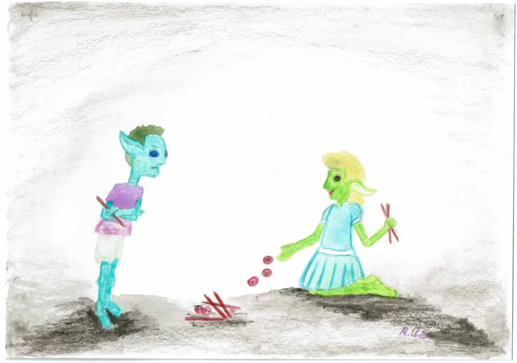 Zwei junge Goblins die Knöpfe und Stöcke spielen. Einer der beiden scheint zu verlieren und wirkt ein wenig mürrisch. Die andere sitzt auf dem Boden, wirft ein paar Knöpfe und scheint vergnügt.