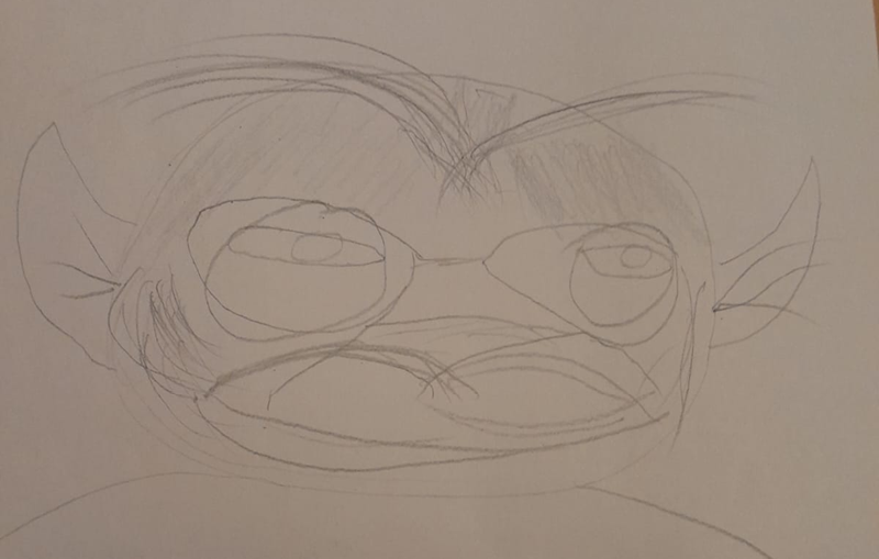 Skizze eines Goblin mit Brille welcher gerade geweckt wurde und dementsprechend verärgert ist. Er hatte noch nicht einmal zeit seine Ohrenhaare zu bürsten.