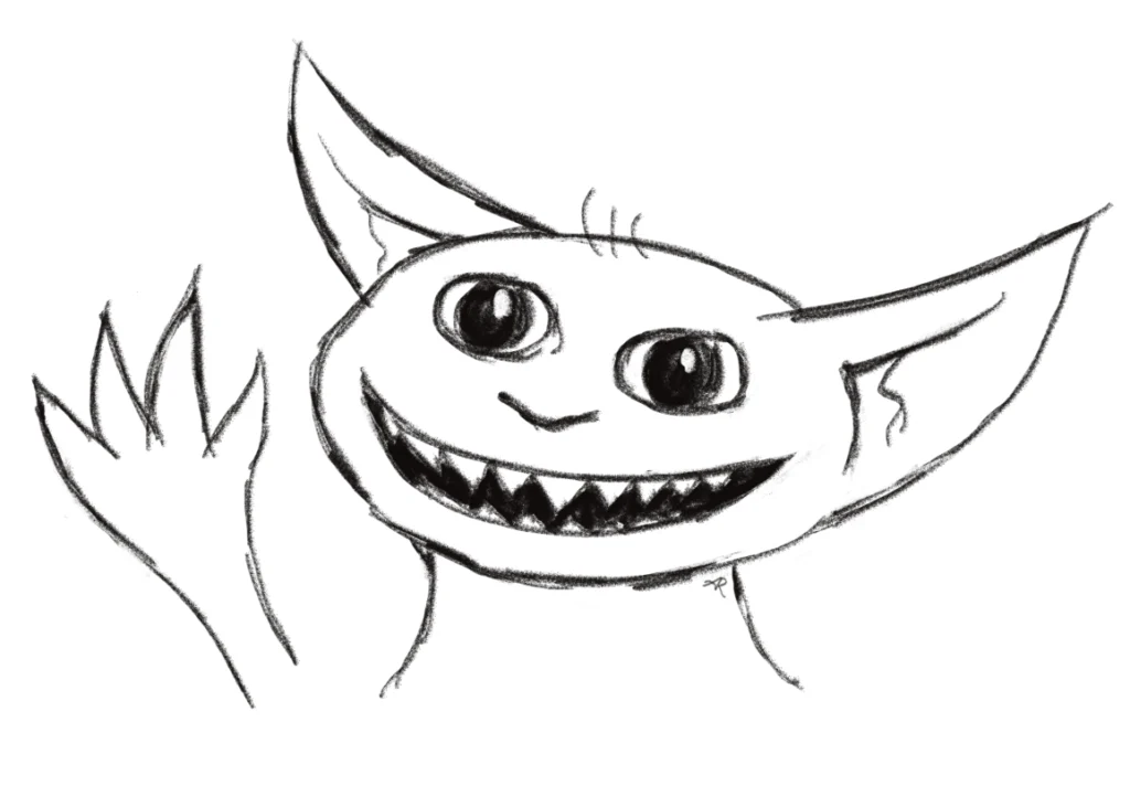 Ein Goblinkopf mit großen Augen, einem breiten Grinsen mit spitzen Zähnen und einer erhobenen Hand