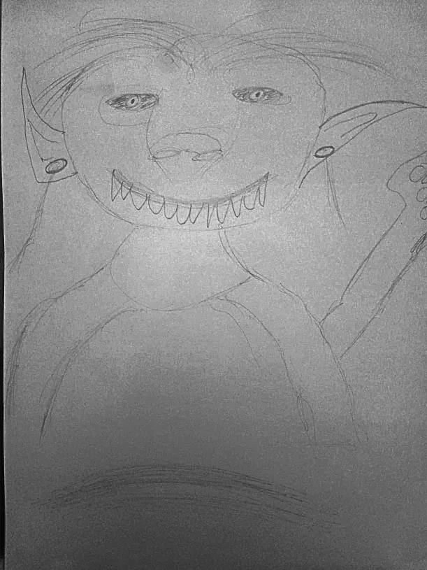 Ein junger Goblinkriegeranwärter, der zufrieden guckt und mit vielen Zähnen lächelt