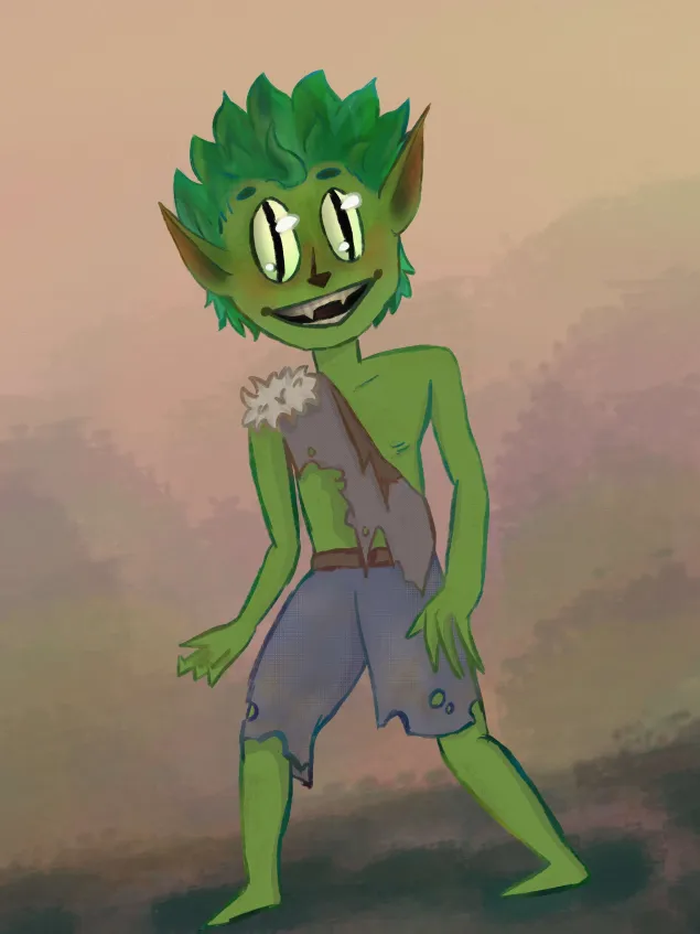 Ein junger Goblin mit grünem Haar, gekleidet in Lumpen.