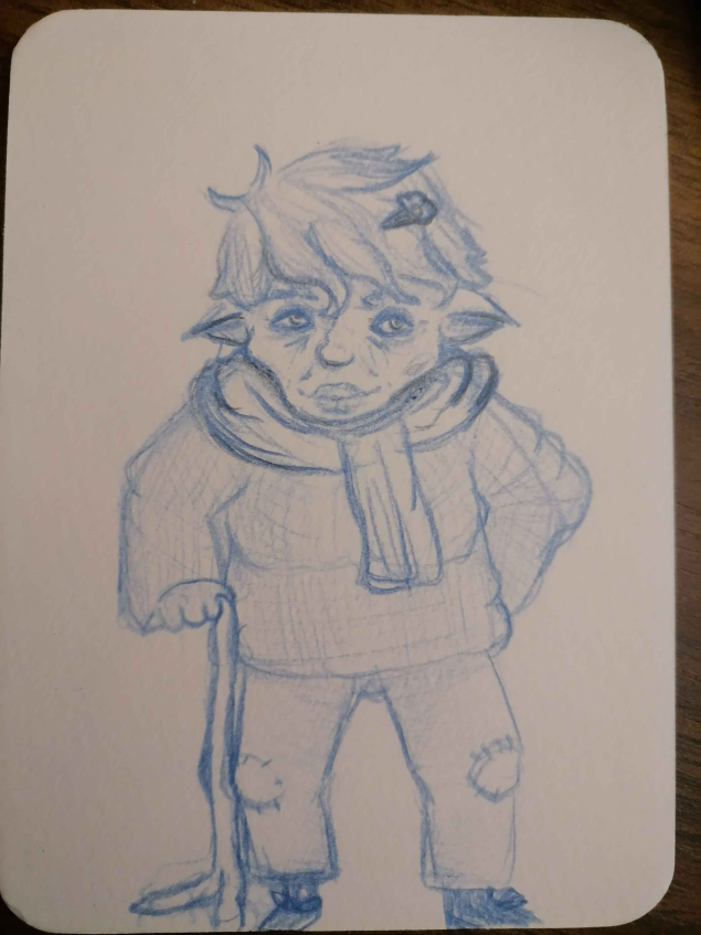 Ein alter Goblin in kuscheligen Winterklamotten mit Schal und Gehstock.