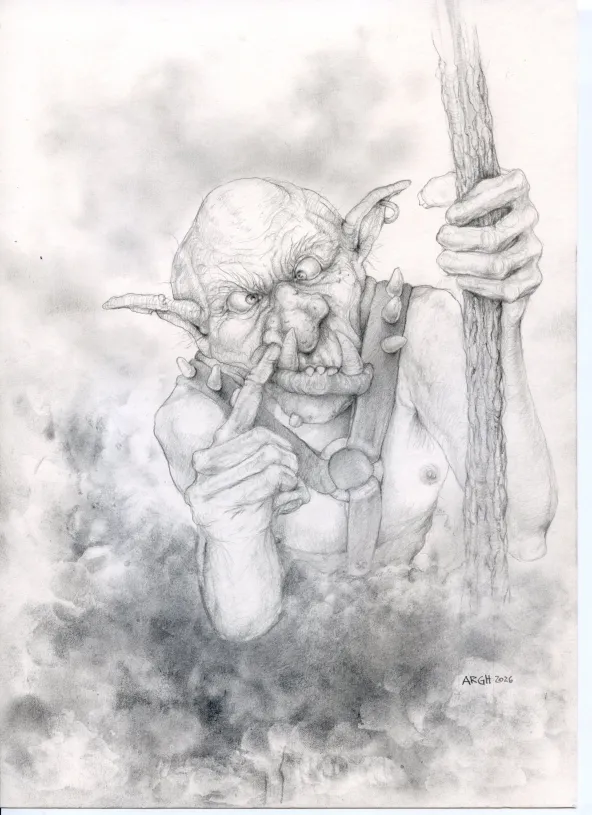 Schielender Goblin mit kahlem Kopf und faltigem Gesicht, der sich in der Nase bohrt. Mit der linken Hand umfasst der Goblin einen Stock oder dünnen Stamm. Der Oberkörper ist bis auf breite Lederstreifen (auf den Schultern mit Hauern versehen) nackt.