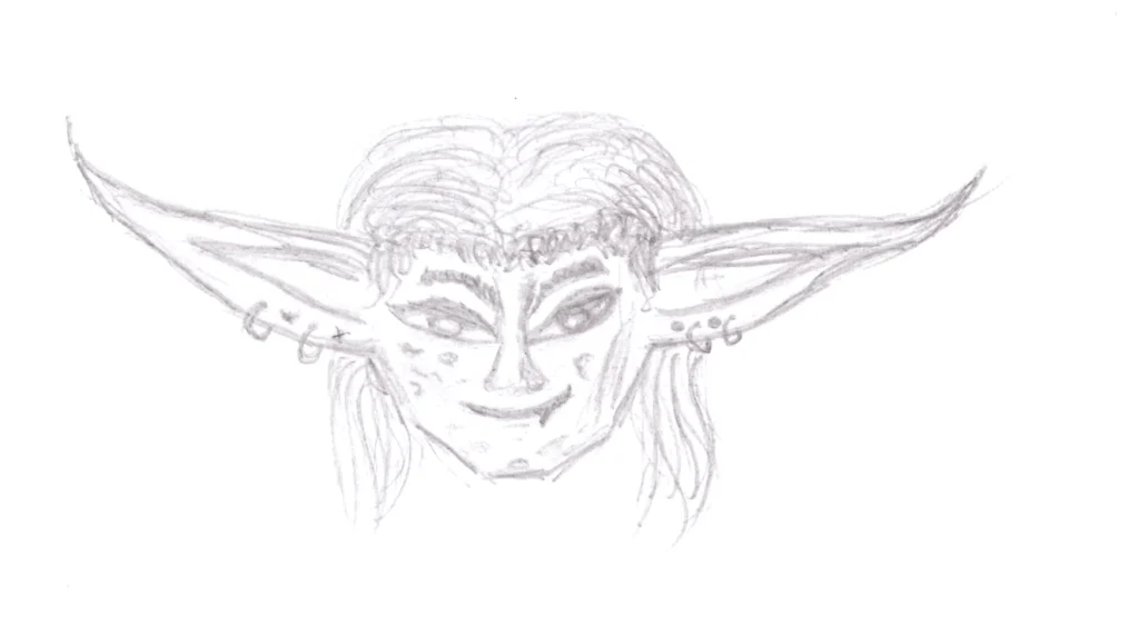 Ein Goblingesicht mit besonders großen, gepiercten Ohren und langen Haaren