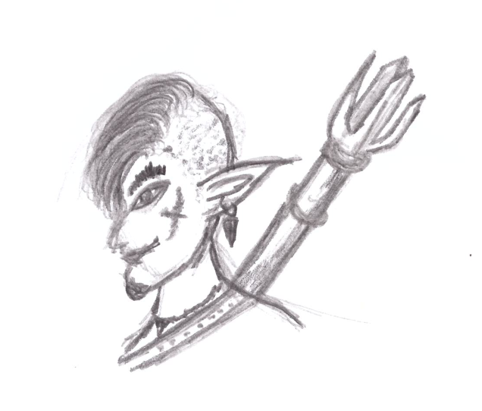 Ein Goblin mit Sidecut und Vogeltattoo auf der Wange. Auf dem Rücken trägt er/sie/they eine seltsame speerartige Waffe mit mehreren Spitzen.