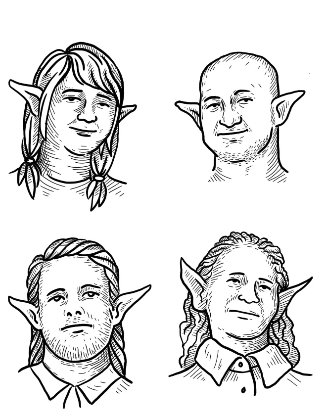 Vier Portraits von Goblins mit unterschiedlichen Frisuren. Bei einigen sind Details des Kragens erkennbar.